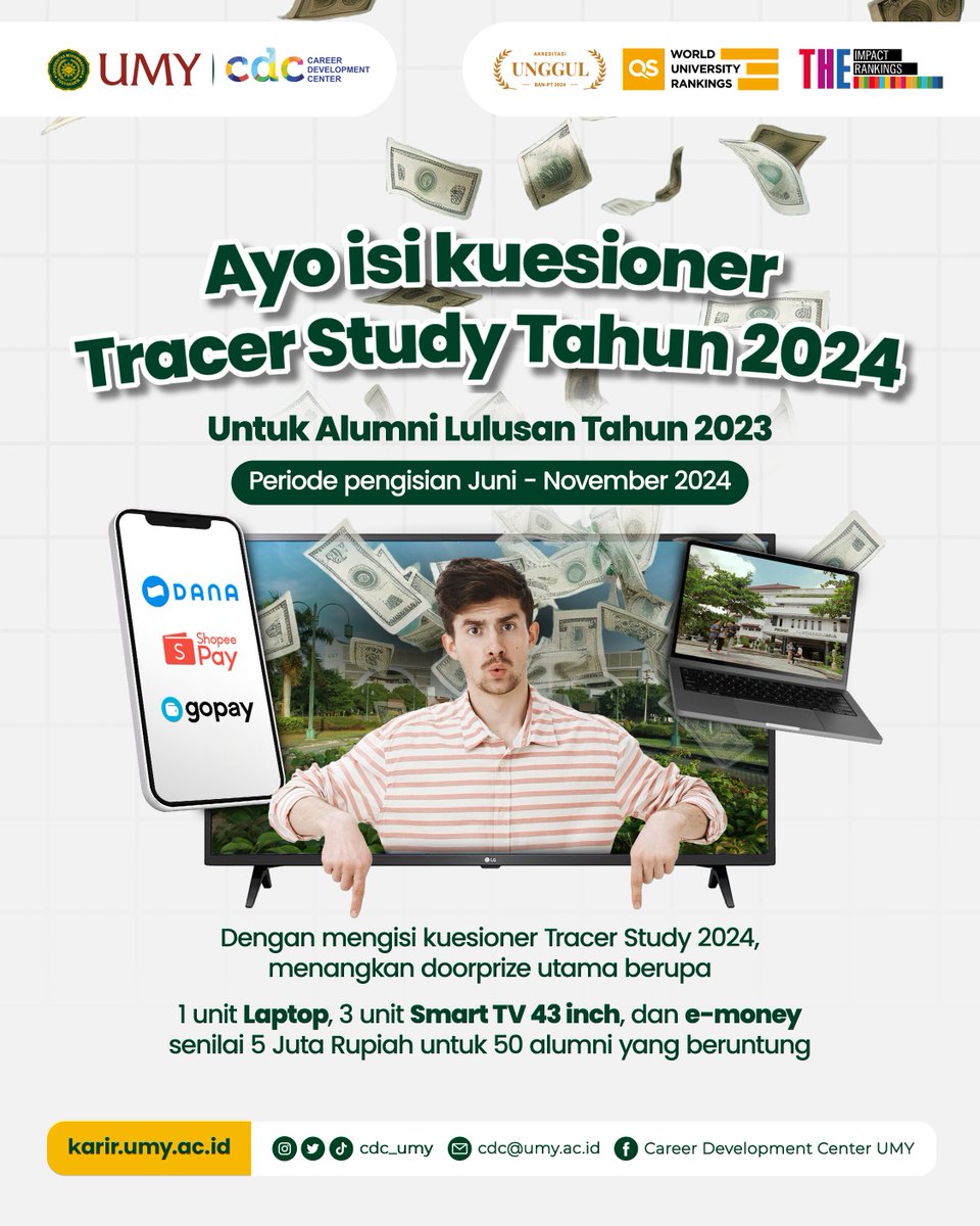 [DOORPRIZE TRACER STUDY 2024]  Halo Sobat Karier✨ Buat kalian alumni UMY lulusan tahun 2023, bagi Sobat yang mengisi kuesioner Tracer Study berkesempatan mendapatkan undian Doorprize loh 🤩 Semoga kalian beruntung ya!

#umyogya #umy #lpkaumy #cdcumy #mudamendunia #unggulislami