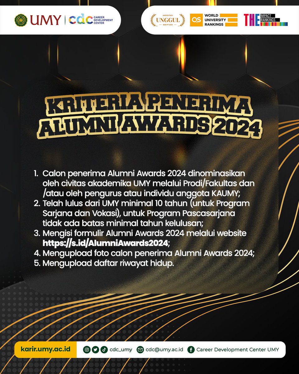 cdc_umy's tweet photo. [ALUMNI AWARDS TAHUN 2024]

Yuk, teruntuk alumni UMY yang memiliki prestasi dan kontribusi untuk negri, daftarkan diri Anda pada secara online pada tautan berikut:
https://t.co/Kt5fYXDa0S

Deadline 16 November 2024.
#umyogya #umy #lpkaumy #cdcumy #mudamendunia #unggulislami https://t.co/4dIjCtasvD