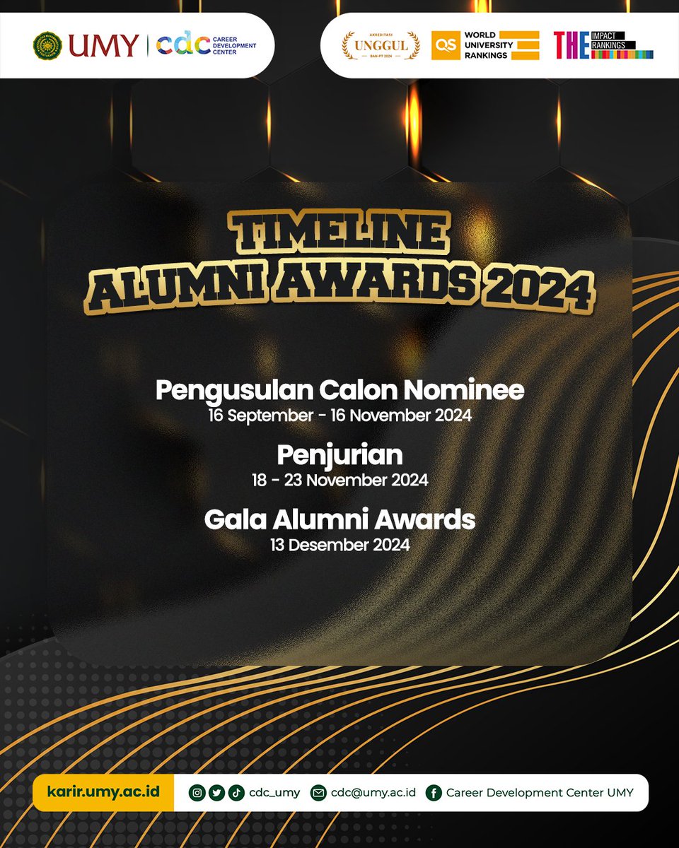 [ALUMNI AWARDS TAHUN 2024]

Yuk, teruntuk alumni UMY yang memiliki prestasi dan kontribusi untuk negri, daftarkan diri Anda pada secara online pada tautan berikut:
s.id/AlumniAwards20…

Deadline 16 November 2024.
#umyogya #umy #lpkaumy #cdcumy #mudamendunia #unggulislami