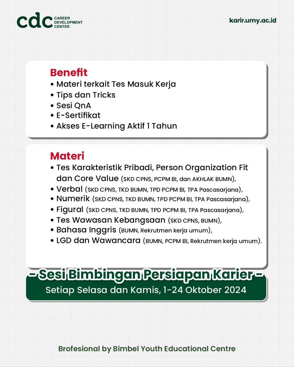 cdc_umy's tweet photo. Bimbingan Persiapan Karier Mahasiswa dan Alumni Universitas Muhammadiyah Yogyakarta 🎓

Dapatkan tips dan strategi sukses dalam merancang karier impianmu! 🌟 Yuk, segera daftarkan dirimu dan siapkan pertanyaan terbaikmu!

#umyogya #umy #lpkaumy #cdcumy #mudamendunia #unggulislami https://t.co/urHdYQ8OJu
