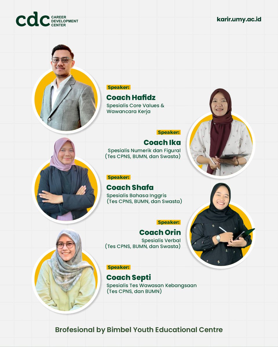 cdc_umy's tweet photo. Bimbingan Persiapan Karier Mahasiswa dan Alumni Universitas Muhammadiyah Yogyakarta 🎓

Dapatkan tips dan strategi sukses dalam merancang karier impianmu! 🌟 Yuk, segera daftarkan dirimu dan siapkan pertanyaan terbaikmu!

#umyogya #umy #lpkaumy #cdcumy #mudamendunia #unggulislami https://t.co/urHdYQ8OJu