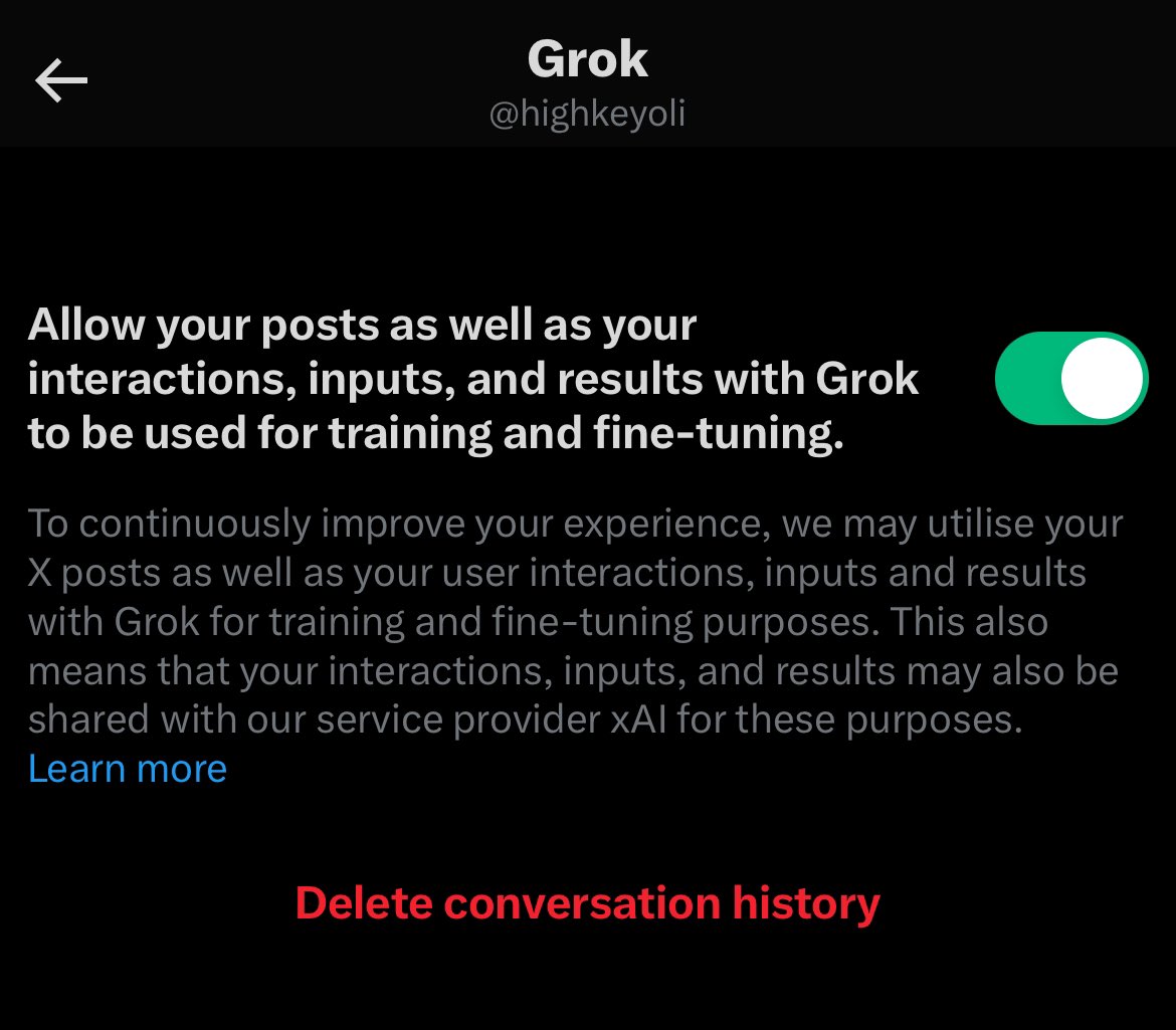 highkeyoli2's tweet photo. how the fuck is it legal to AUTOMATICALLY opt you in to have your data used for ai machine learning 

settings > privacy > grok and disable this shit my goodness https://t.co/6RviXzow9X