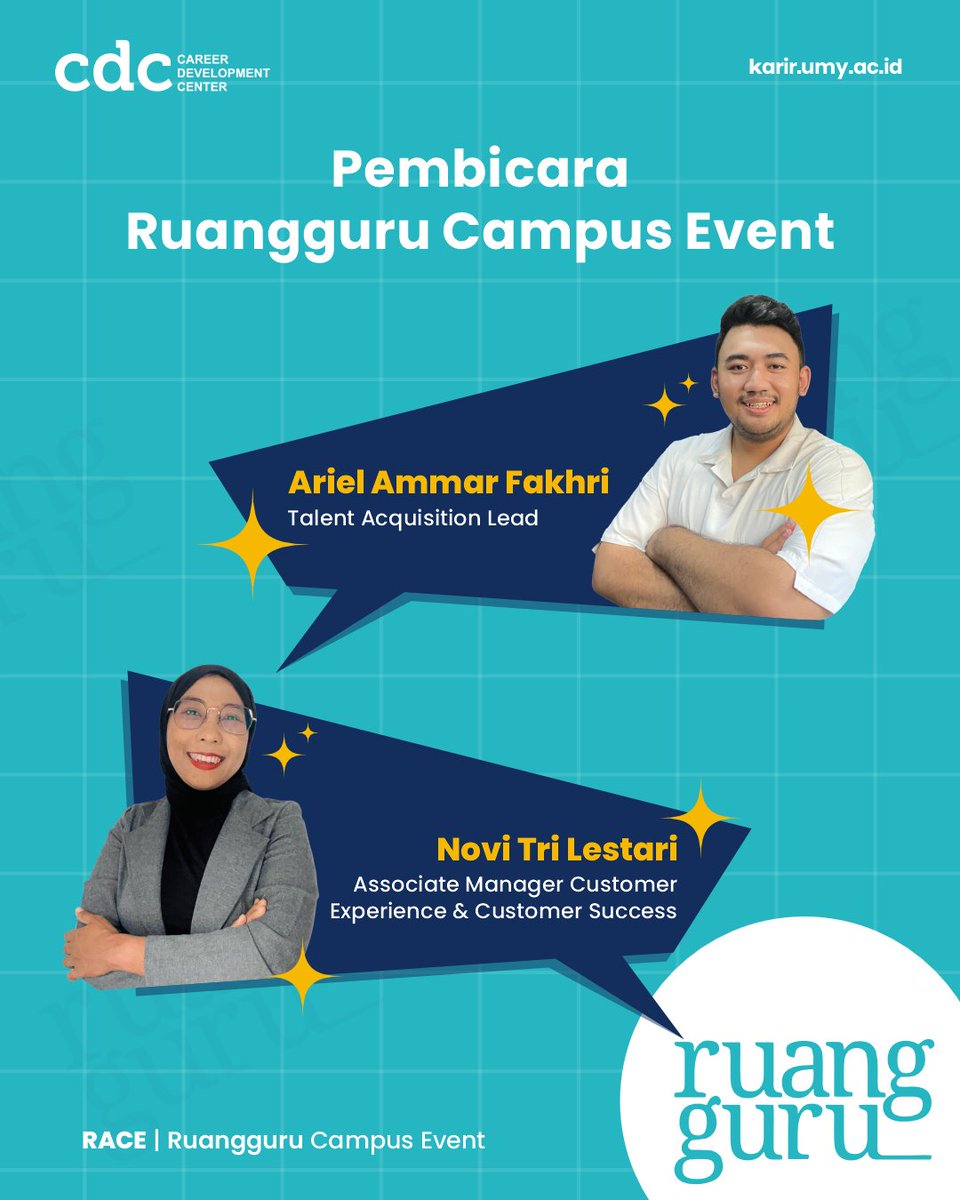 cdc_umy's tweet photo. Siap memulai perjalanan kariermu? Bergabunglah dengan Ruangguru Campus Event (RACE), "Craft Your Professional Brand &amp; Navigate Effective Communication in Your First Job"! 💼✨

#umyogya #umy #lpkaumy #cdcumy #mudamendunia #unggulislami https://t.co/nAvqP257y0