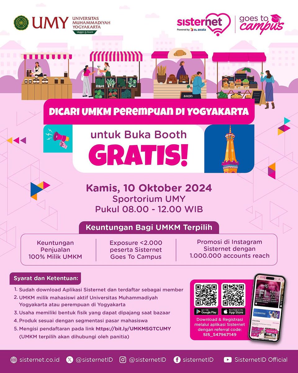 DICARI! UMKM Perempuan di Yogyakarta untuk Buka Booth GRATIS di Sisternet Goes to Campus UMY! 🛍️

#umyogya #umy #lpkaumy #cdcumy #mudamendunia #unggulislami