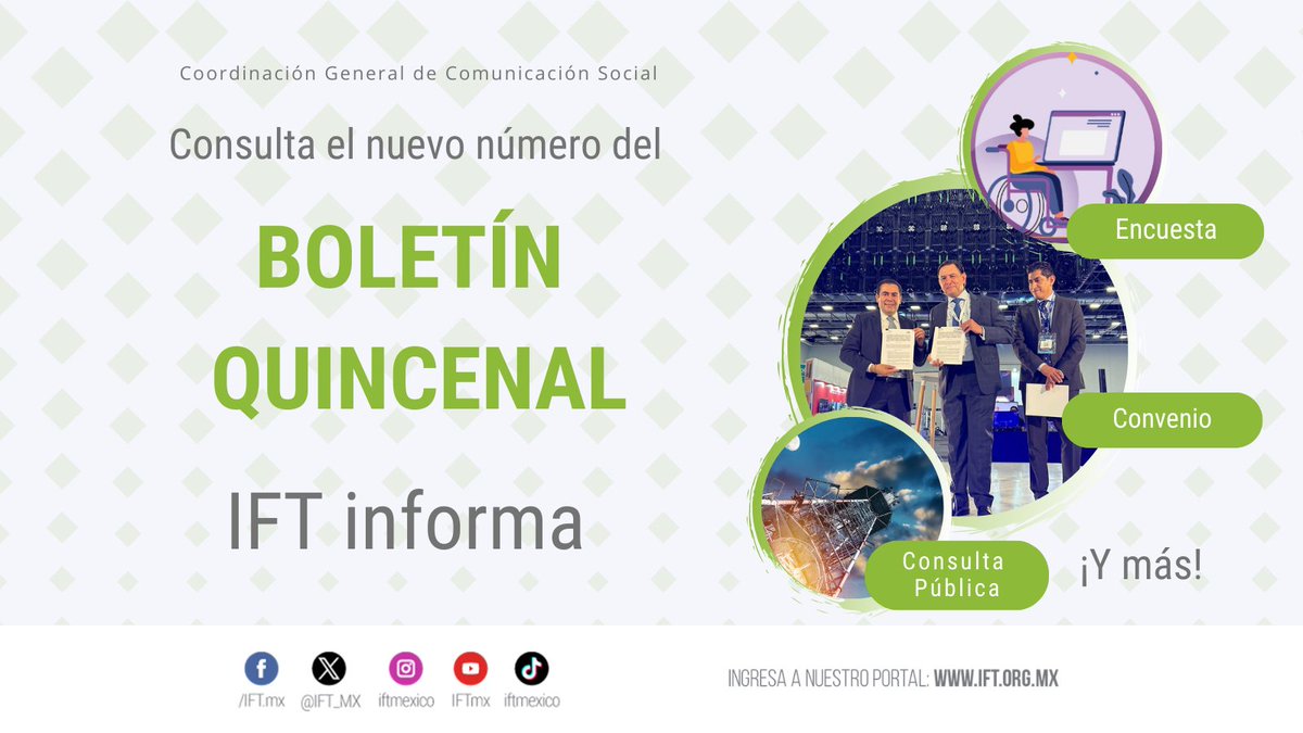 IFT_MX's tweet photo. Conoce los resultados de la 2da #Encuesta de personas usuarias con alguna discapacidad en servicios #Telecom📡.
En este número del #IFTinforma 🗞️ te contamos eso y mucho más.
Dale clic 👉 https://t.co/AVL34Bts5d https://t.co/Db4cdBqUjx