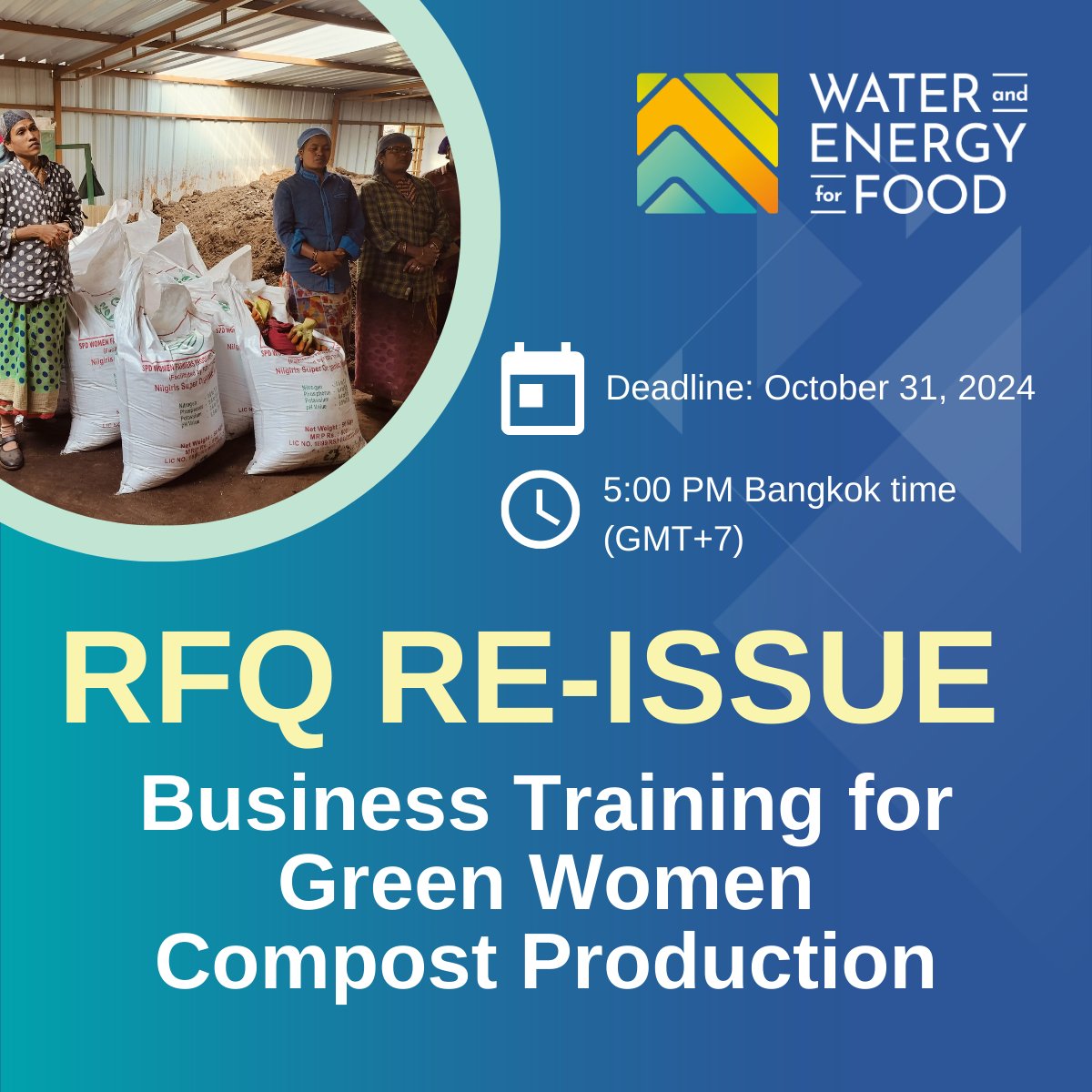 WE4FGCD's tweet image. #RFQ Alert! Our South and Southeast Asia hub has re-issued an RFQ for service providers to deliver business training for RDO Trust’s Green Women Compost Production Company. 

⏰ Deadline: October 31 at 5:00 PM Bangkok time (GMT+7).

we4f.org/wp-content/upl…