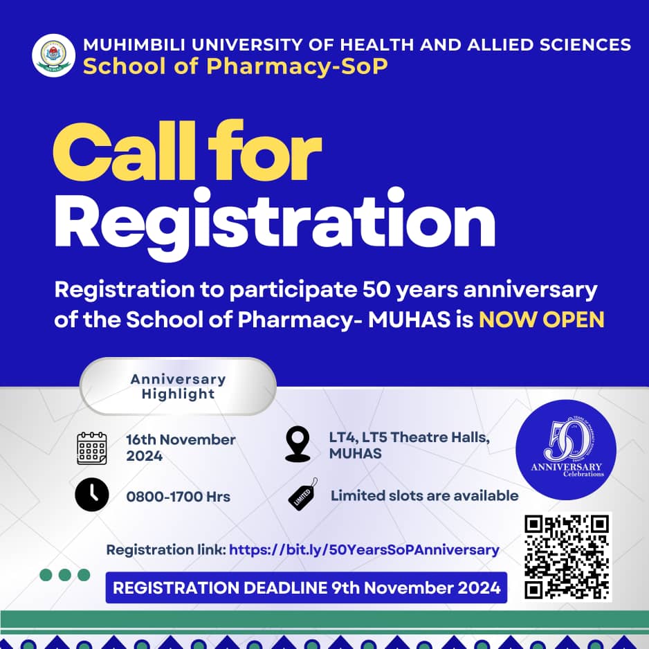 "📢 Join Us in Celebrating 50 Years of Excellence in Pharmacy Education and Research! 🎉

✨ Registration Now Open!✨
 Registration link: bit.ly/50YearsSoPAnni…
or Scan the QR code attached in the poster.

Be part of this memorable event

#SoPat50 #MUHAS #1974to2024.