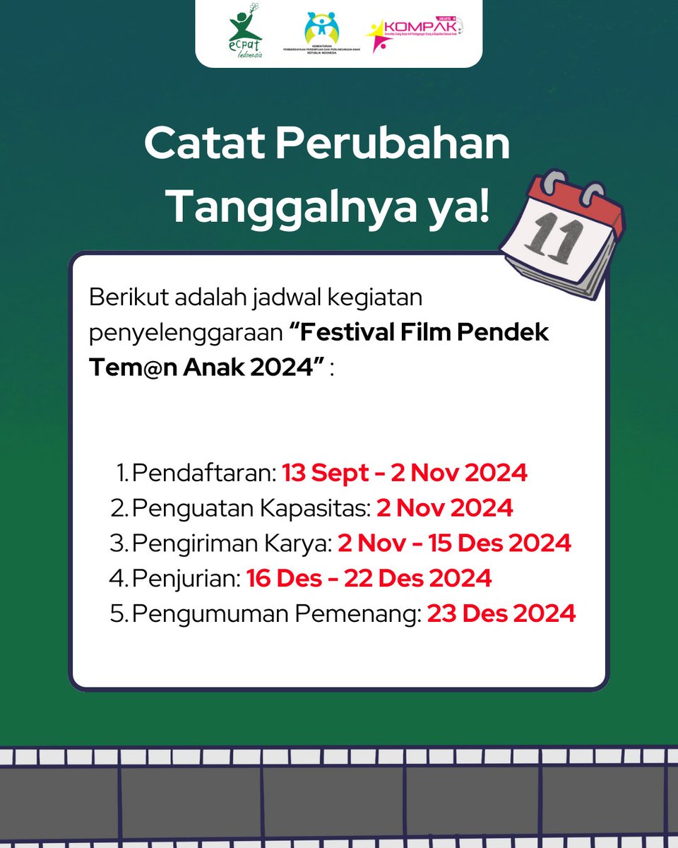 ✨Perpanjangan Pendaftaran Festival Film Pendek Perlindungan Anak 2024✨

Kami segenap panitia dengan senang hati mengabulkan harapan perpanjangan tanggal pendaftaran untuk Festival Film Pendek Perlindungan Anak 2024 loh! Namun, harap diperhatikan bahwa kamu juga mengecheck