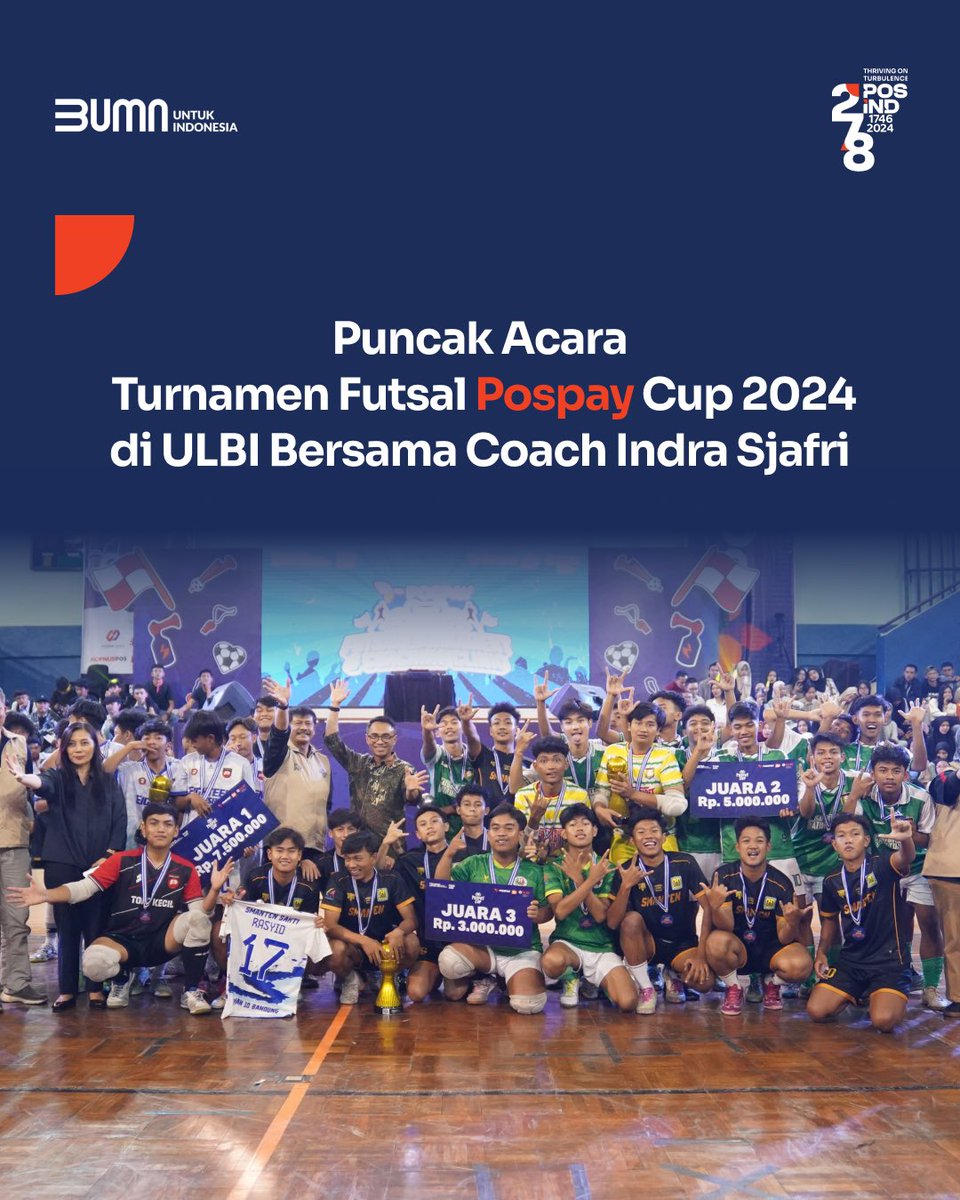 PosIndonesia's tweet photo. Puncak Pospay Cup Futsal Tournament 2024 sukses digelar di ULBI. Menghadirkan Coach Indra Sjafri untuk memberikan kuliah umum tentang "Leadership dan Kolaborasi Tim" serta coaching clinic eksklusif.
#PosIND
#PosIndonesia
#PTPosIndonesia
#Komitmen
#Integritas
#PospayCup2024 https://t.co/dPL5w4xUsF