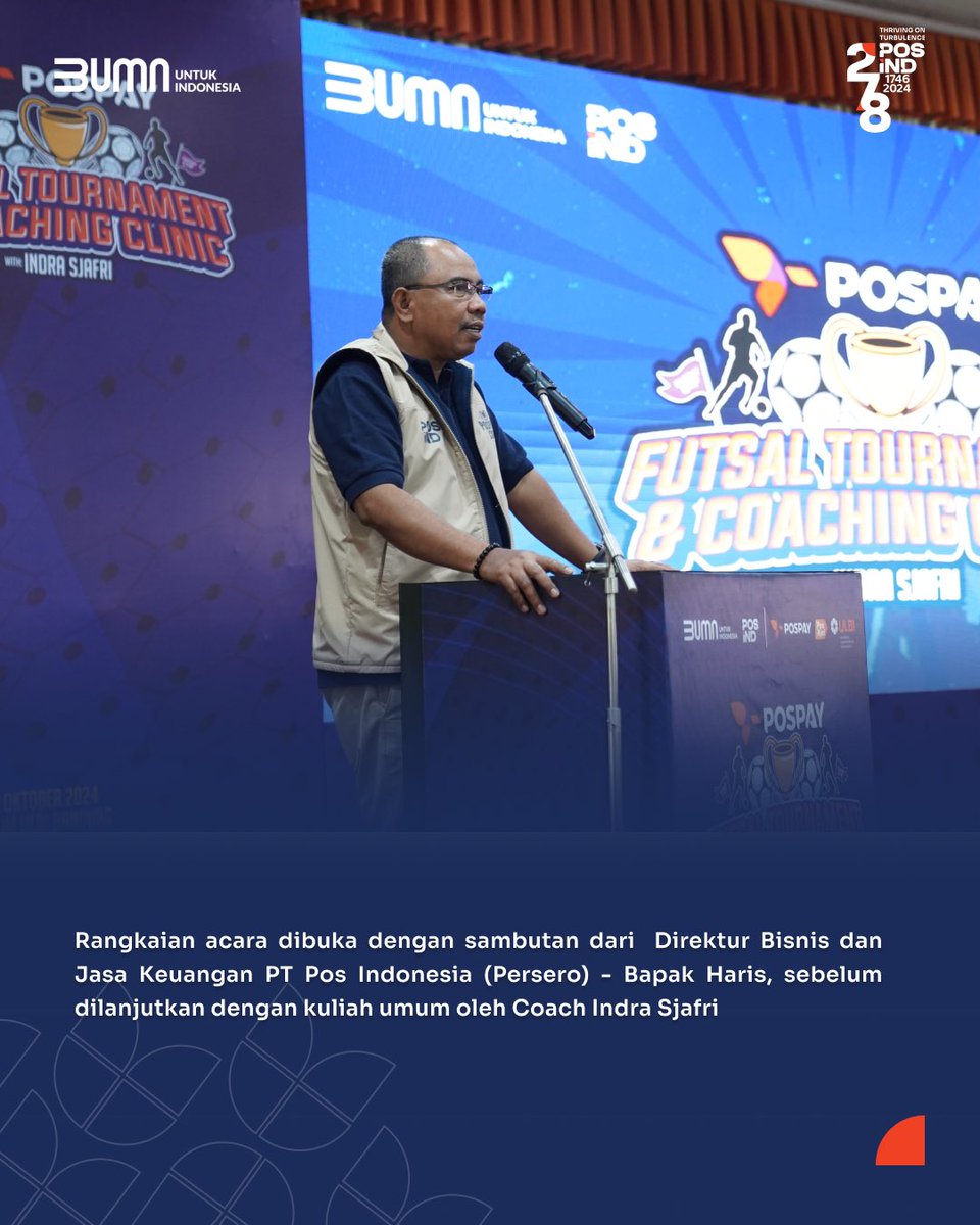 PosIndonesia's tweet photo. Puncak Pospay Cup Futsal Tournament 2024 sukses digelar di ULBI. Menghadirkan Coach Indra Sjafri untuk memberikan kuliah umum tentang "Leadership dan Kolaborasi Tim" serta coaching clinic eksklusif.
#PosIND
#PosIndonesia
#PTPosIndonesia
#Komitmen
#Integritas
#PospayCup2024 https://t.co/dPL5w4xUsF
