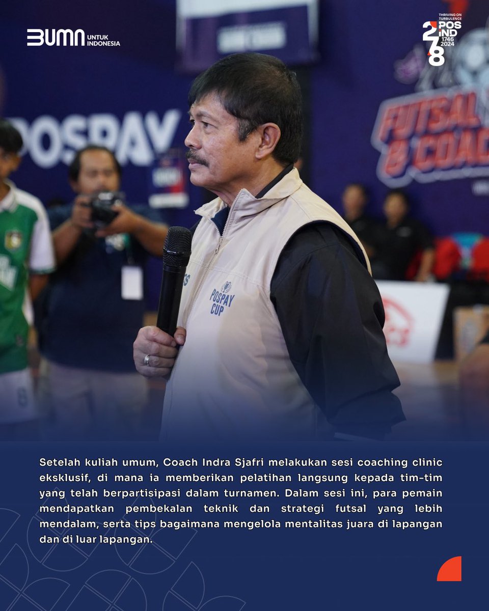 PosIndonesia's tweet photo. Puncak Pospay Cup Futsal Tournament 2024 sukses digelar di ULBI. Menghadirkan Coach Indra Sjafri untuk memberikan kuliah umum tentang "Leadership dan Kolaborasi Tim" serta coaching clinic eksklusif.
#PosIND
#PosIndonesia
#PTPosIndonesia
#Komitmen
#Integritas
#PospayCup2024 https://t.co/dPL5w4xUsF