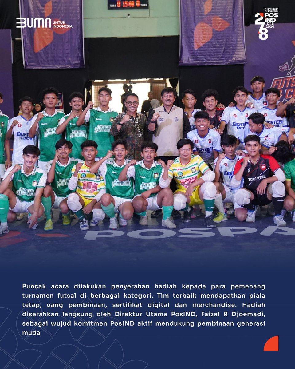PosIndonesia's tweet photo. Puncak Pospay Cup Futsal Tournament 2024 sukses digelar di ULBI. Menghadirkan Coach Indra Sjafri untuk memberikan kuliah umum tentang "Leadership dan Kolaborasi Tim" serta coaching clinic eksklusif.
#PosIND
#PosIndonesia
#PTPosIndonesia
#Komitmen
#Integritas
#PospayCup2024 https://t.co/dPL5w4xUsF