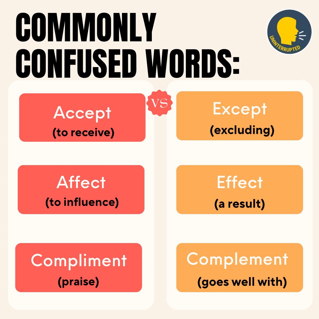 UninterruptedLF's tweet image. Here’s a quick guide to some commonly confused words! Knowing the difference can really sharpen your communication. Keep these in mind to avoid mix-ups.
#EnglishTips #GrammarHelp #WordConfusion #Uninterrupted