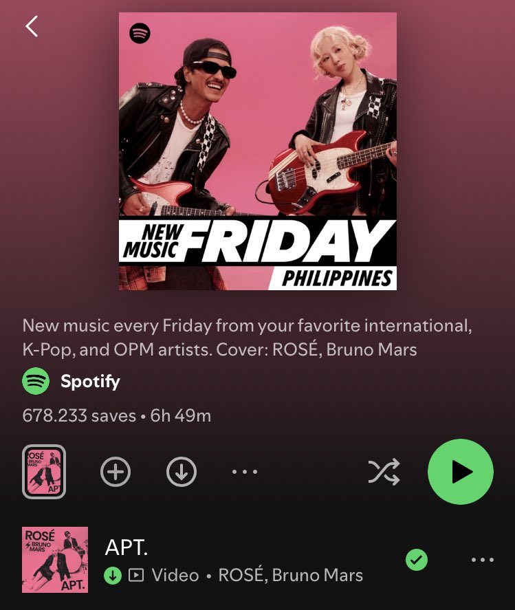 #ROSÉ &amp; Bruno Mars cover Spotify’s ‘New Music Friday Philippines’ playlist with ‘APT.’ at #1. 

APT OUT NOW
#ROSÉ_BRUNO_APT <a href="/BLACKPINK/">BLACKPINKOFFICIAL</a> <a href="/numberoneHQ/">numberoneHQ</a>