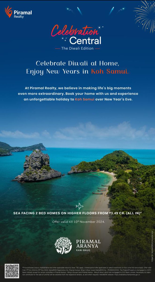 WadhwaRealtor's tweet photo. *💥Diwali Celebration Offer💥*

Make this Diwali unforgettable with Piramal Realty!

Book a luxurious sea-facing 2-bed home on higher floors from ₹3.49 Cr.* (all-in) and enjoy:

•⁠  ⁠Unbeatable views of the Arabian Sea
•⁠  ⁠Exclusive New Year's Eve getaway to *Koh Samui* https://t.co/EyQia7b2zJ