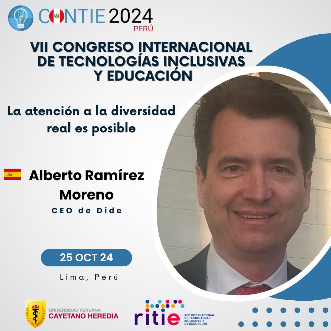 dideapp's tweet image. Nuestro director general @AlbertoDide intervendrá en el VII Congreso Internacional de Tecnologías Inclusivas y Educación de @ritie_org el 25 de Octubre . Inscríbete en bit.ly/VIICONGRESOTEC…