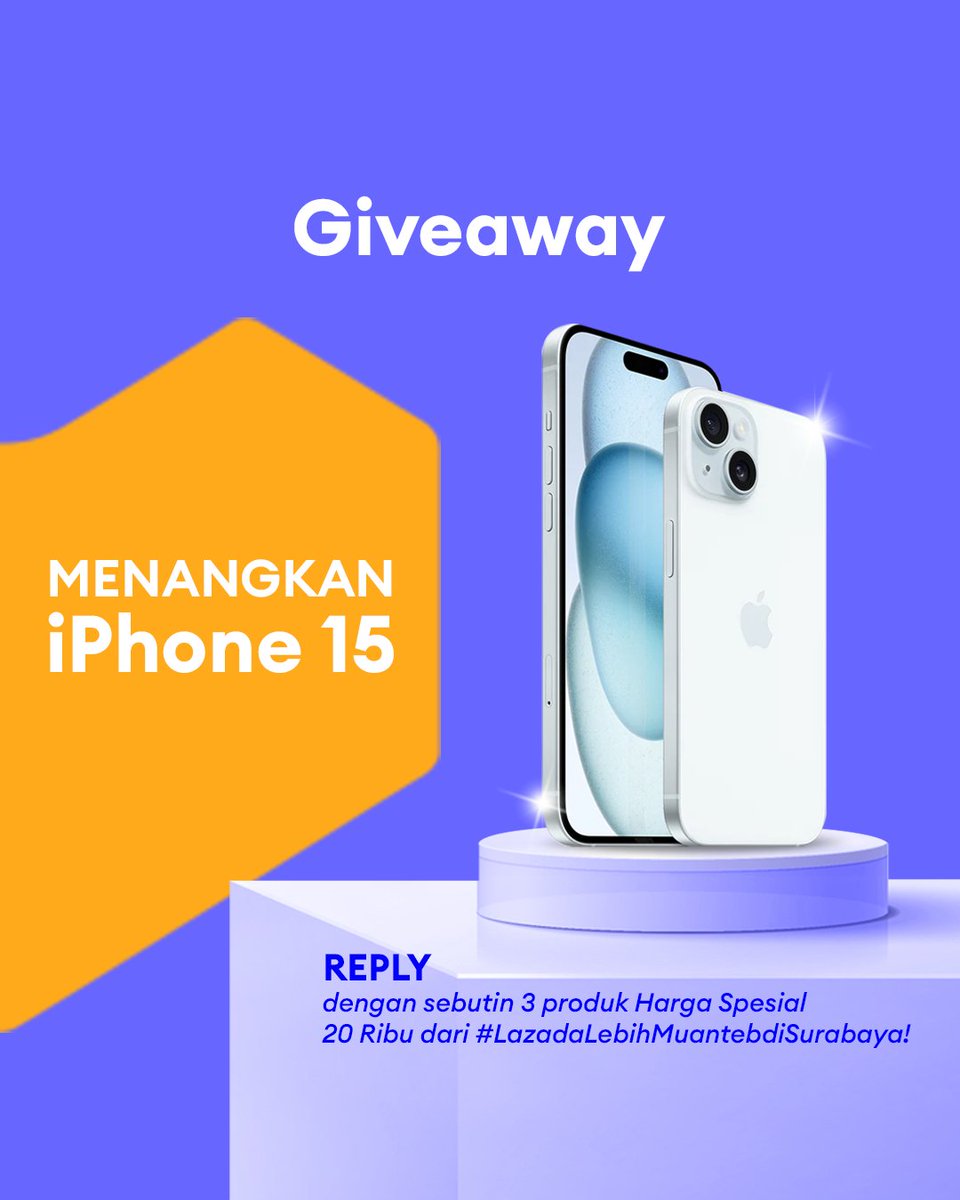 LazadaID's tweet image. ✨ GIVEAWAY ALERT ✨

ADA YANG PENGEN IPHONE 15 GAK, NIH?

1.Follow @LazadaID &amp;amp; tag 3 teman.

2. Like, RT &amp;amp; reply dengan sebutin 3 produk Harga Spesial 20 Ribu pake hashtag #LazadaLebihMuantebdiSurabaya #LazadaGiveaway SEBANYAK-BANYAKNYA, CUSSS!

Periode: 18 - 24 Oktober 2024