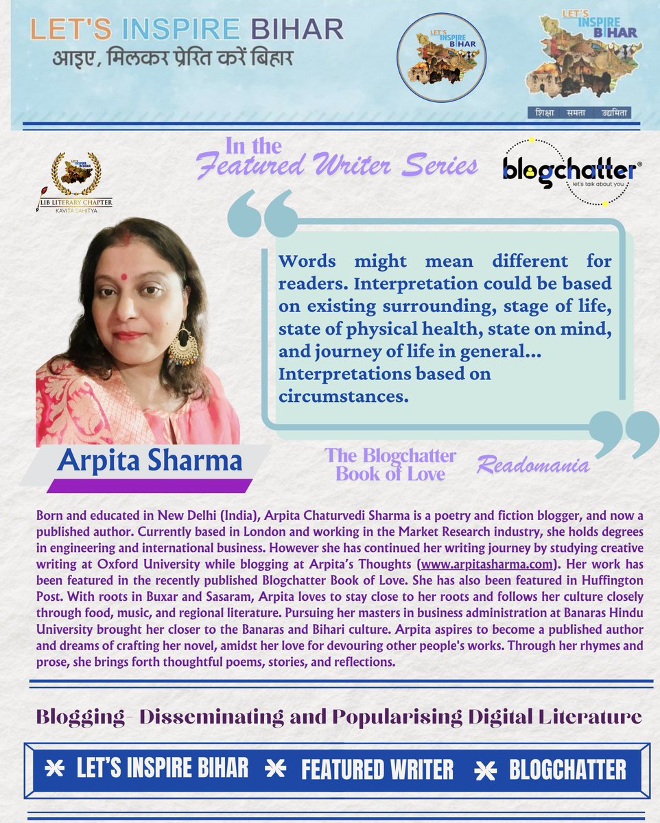 LIBLiterary's tweet photo. In the Special #FeaturedWriterSeries
Presenting a quote from #Author @ArpitaThoughts
#Blogging #DigitalLiterature #Writers
@blogchatter
Book Link- https://t.co/gyY7SDbZg5
#Blogchatter #Bihar #LetsInspireBihar #Literature @IamReadomania
@lib_central
@vikasvaibhavips https://t.co/oxertuwsEm