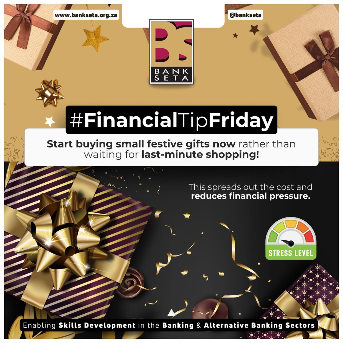Financial Tip Friday: 🎁 Start buying small festive gifts now rather than waiting for last-minute shopping! This spreads out the cost and reduces financial pressure." #EarlyShopping #FestiveSavings
