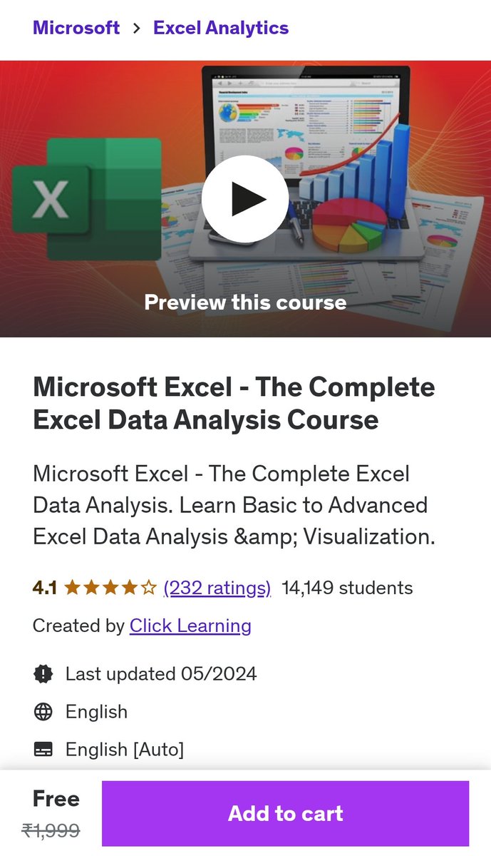 Atarangi_Kp's tweet photo. Microsoft Excel - The Complete Excel Data Analysis Course

⏳3 hours on-demand video
📱Access on mobile and TV
♾️Full lifetime access
📜Certificate of completion

How to Get it..
- RT this post
- Like and Comment 'Excel'
- Follow me so I can DM https://t.co/w9rRvDN3KF