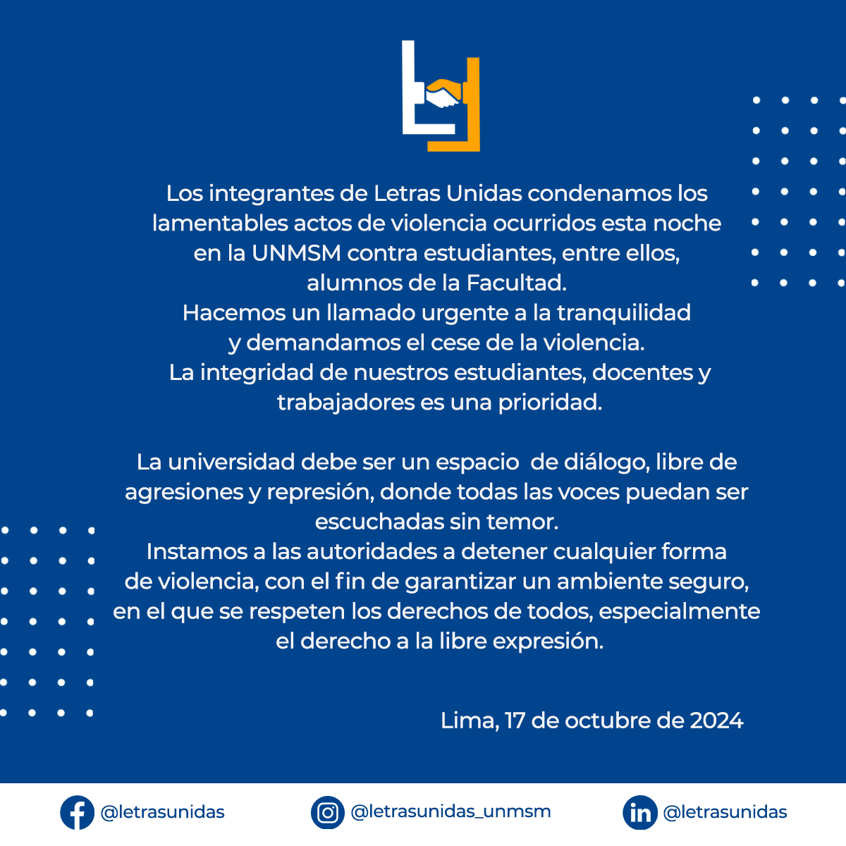 LetrasUnidas_24's tweet photo. Comunicado de Letras Unidas ante hechos ocurridos esta noche en la #UNMSM. https://t.co/TTTTK27rmi