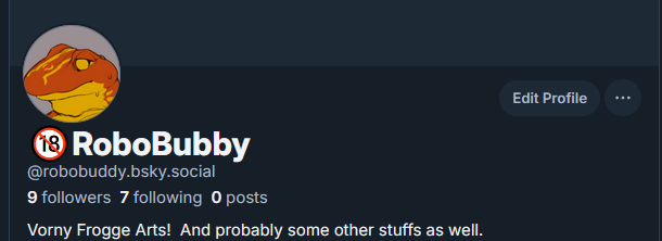Ribbit, since the GREAT MIGRATION is occurring, I'll go ahead and post my bluesky for those interested, I haven't posted anything on it *yet*, but in the near future, it'll be kicked into drive. :&gt;

Here's the link: bsky.app/profile/robobu…
