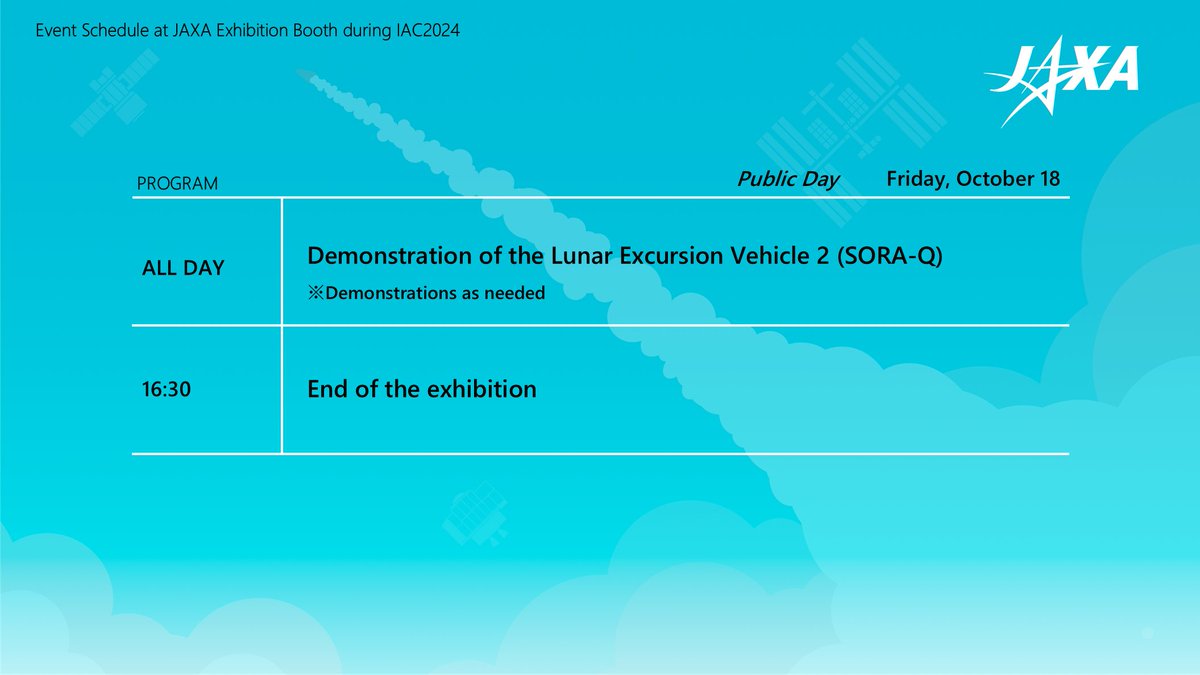 JAXA_en's tweet photo. On Oct 18, the public day of #IAC2024, demonstration of the Lunar Excursion Vehicle 2 (SORA-Q) will be performed at #JAXA booth (ES-E05)!
#SORAQ #LEV2 https://t.co/F9rQso2Ih8