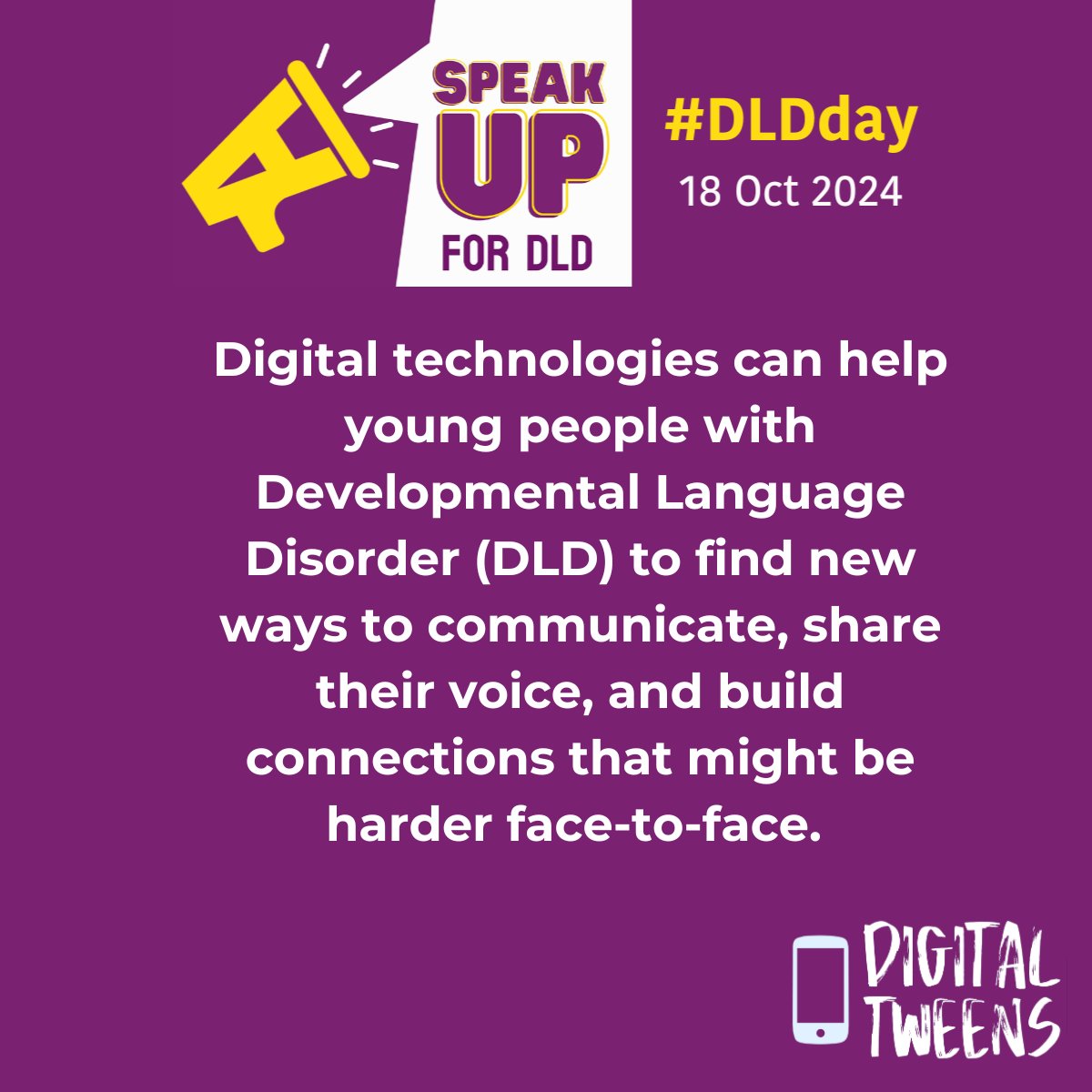 Today is DLD Awareness Day. Digital technologies can open up new worlds for young people with Developmental Language Disorder (DLD) and empower them to thrive. 

#DLDday #DLDawareness #DigitalInclusion #TechForAll #HiddenDisability #DigitalTweens