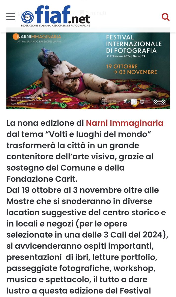 +++ Dal 19 ottobre al 3 novembre torna "Narni Immaginaria": questa 9a edizione avrà come tema “Volti e luoghi del mondo”. Mostre, ospiti importanti, presentazioni  di ibri, letture portfolio, passeggiate fotografiche, workshop, musica e spettacolo ecc.
fiaf.net