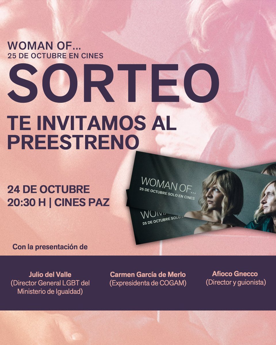 Para celebrar que el 25 de octubre se estrena la emotiva WOMAN OF..., sobre los 45 años de lucha de una mujer trans, sorteamos 4 entradas dobles para el preestreno. Para participar:
☂️ Sigue a <a href="/Adicine_es/">Adicine</a> y <a href="/KarmaFilms/">Karma Films</a>
👩🏼‍🦱 Etiqueta a tu acompañante
🏳️‍⚧️ Hasta el 21/10
👩🏼 #WomanOf
