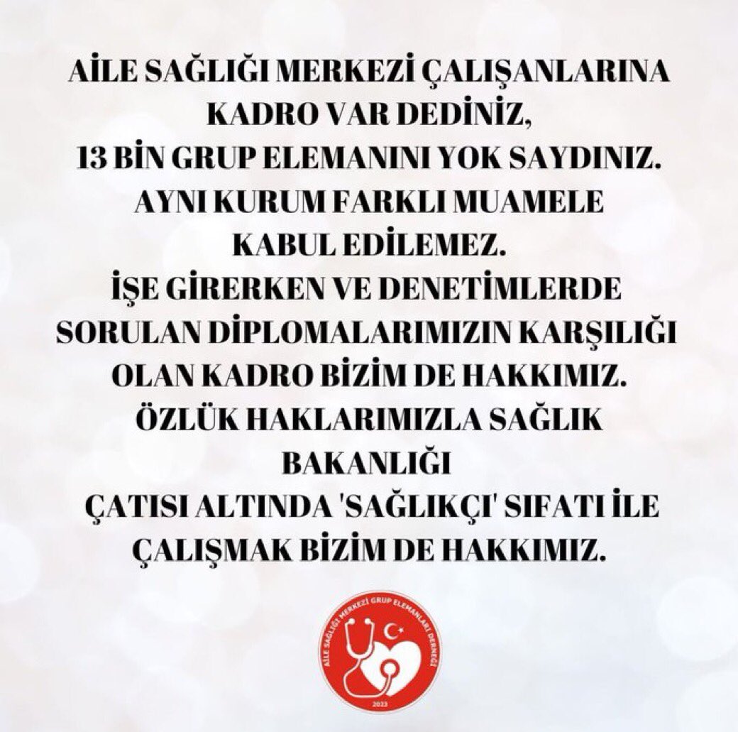 <a href="/asmgruplandirma/">Aile Sağlığı Merkezi Grup Elemanları Derneği</a> <a href="/RTErdogan/">Recep Tayyip Erdoğan</a> <a href="/HMBakanligi/">T.C. Hazine ve Maliye Bakanlığı</a> <a href="/memetsimsek/">Mehmet Simsek</a> <a href="/drmemisoglu/">Prof. Dr. Kemal Memişoğlu</a> Aile sağlığı merkezinin isimsiz kahramanları grup elemanlarıyız üvey evlat muamelesi görmek istemiyoruz
#elemandeğilsağlıkçı