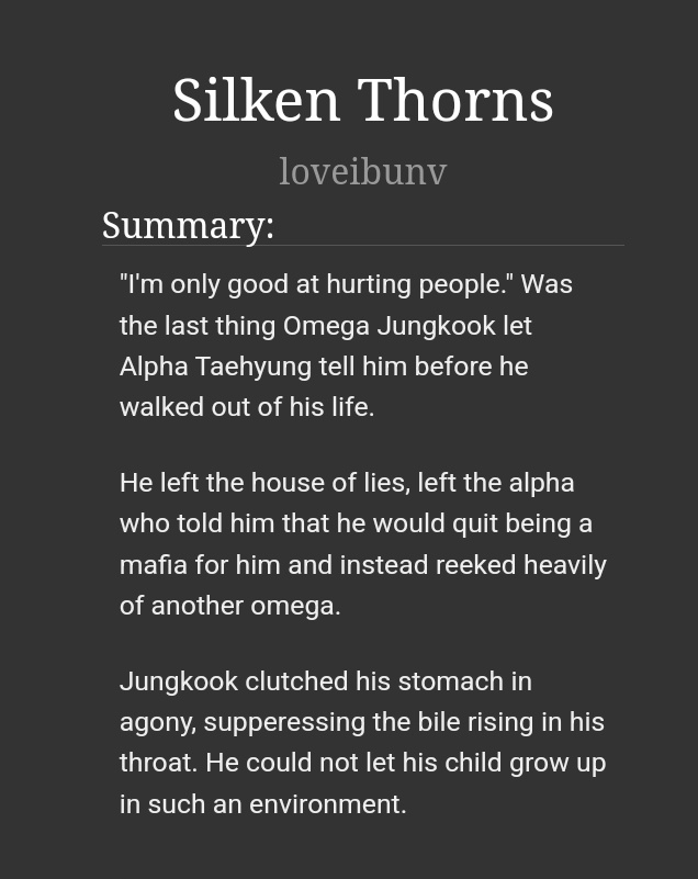 loveibunv's tweet photo. #taekook fic : Silken Thorns

📍Alpha Mob Boss Taehyung
📍Omega Baker Jungkook
📍Angst with a happy ending
📍Hurt/Comfort
📍Misunderstandings
📍Mpreg
📍Scenting/Nesting
📍Eventual smut

written for @mobbosstaefest
 🔗 https://t.co/SdoKuW0JLF https://t.co/9k0b3rRUhc