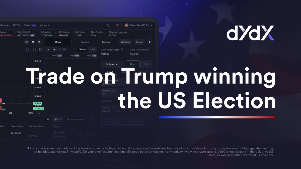 NickyPham_HC's tweet photo. Nhận thưởng khi dự đoán tổng thống Mỹ cùng @dYdX Prediction Markets

1 trong các sự kiện quan trọng của nước Mỹ vào đầu tháng 11 chính là bầu cử tổng thống Mỹ. 2 lựa chọn chiếm số đông đang là ông Trump và bà Harris.

Với những ae quan tâm đến s��� kiện này thì mình sẽ hướng dẫn cách để có thể betting để có thể cá kiếm thêm được $ nhé (dự đoán có tính xác suất rủi ro nên anh em cân nhắc).

Và platform mình sẽ sử dụng là Prediction Markets mới được giới thiệu của nhà dYdX, điều đặc biệt là thể thêm đòn bẩy khi betting.

Anh em nghĩ ai sẽ là tổng thống Mỹ tiếp theo thì comment bên dưới nhé.

Thông tin chi tiết 👇

#TRUMPdYdX #trumpprediction #dydxprediction