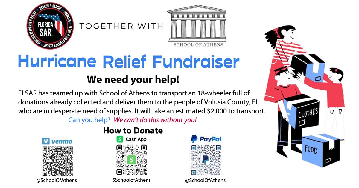 FLSearchRescue's tweet photo. @FLSearchRescue &amp; @HelpSOACharity would appreciate your support by donating, liking, and sharing this post so we can raise money to transport disaster relief supplies already collected.
Destination: Volusia County, FL
#FloridaStrong #milton https://t.co/25EzE4PR28