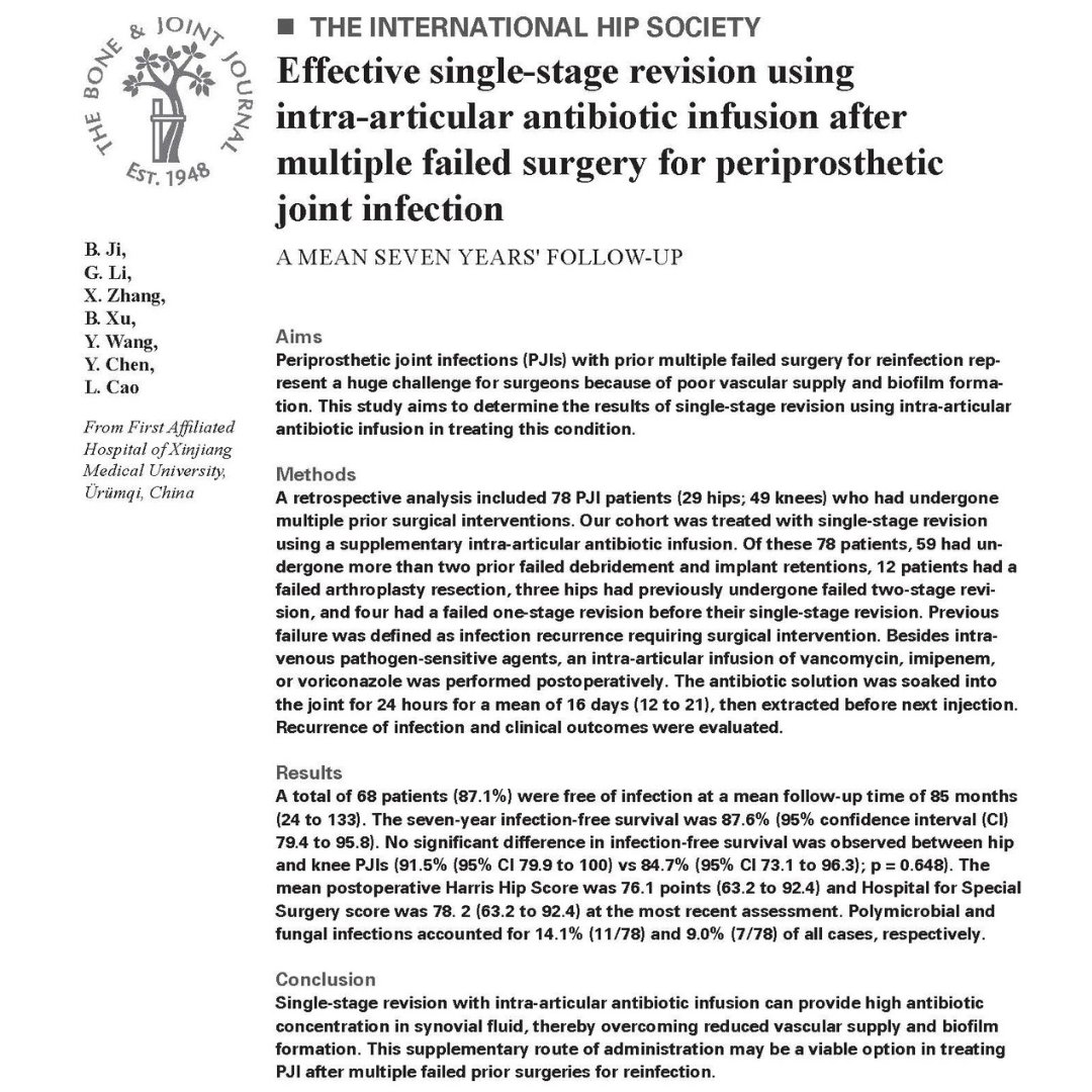 Single-stage revision with direct intra-articular antibiotic infusion can be effective in the treatment of periprosthetic joint infection with prior multiple failed surgeries for re-infection.

#BJJ #Infection #Surgery #OrthoTwitter

ow.ly/7hIN50TL0qB