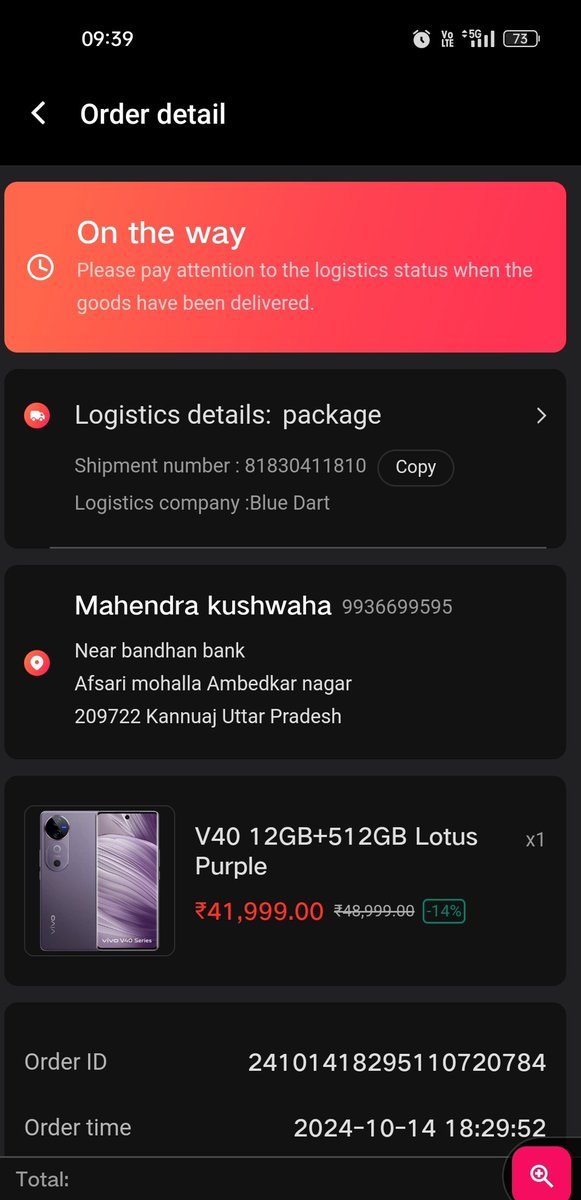 27Mahive's tweet photo. @Vivo_India  
Ordered a phone on 14 oct's evening. Yet to receive the delivery 
Talked to coustomer care they didn't give any information why the order are getting delyed by the carrier partner @BlueDart_ pincode 209722 showing availablity of delivery https://t.co/0QJJDHuCPL