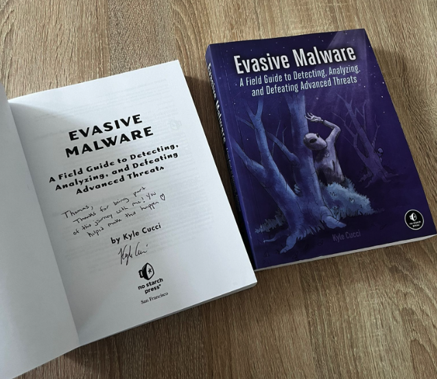 Thomas Roccia 🤘 (@fr0gger_) on Twitter photo 🤩 I've received my signed copy of Evasive Malware from <a href="/d4rksystem/">Kyle Cucci</a>! Huge thanks! I’m so glad to have been part of your journey man! It’s my favorite book of this year.
Since I now have two copies, I will be giving away the unsigned one!
To enter 👇
✅ Follow <a href="/fr0gger_/">Thomas Roccia 🤘</a> and 🤩 I've received my signed copy of Evasive Malware from <a href="/d4rksystem/">Kyle Cucci</a>! Huge thanks! I’m so glad to have been part of your journey man! It’s my favorite book of this year.
Since I now have two copies, I will be giving away the unsigned one!
To enter 👇
✅ Follow <a href="/fr0gger_/">Thomas Roccia 🤘</a> and