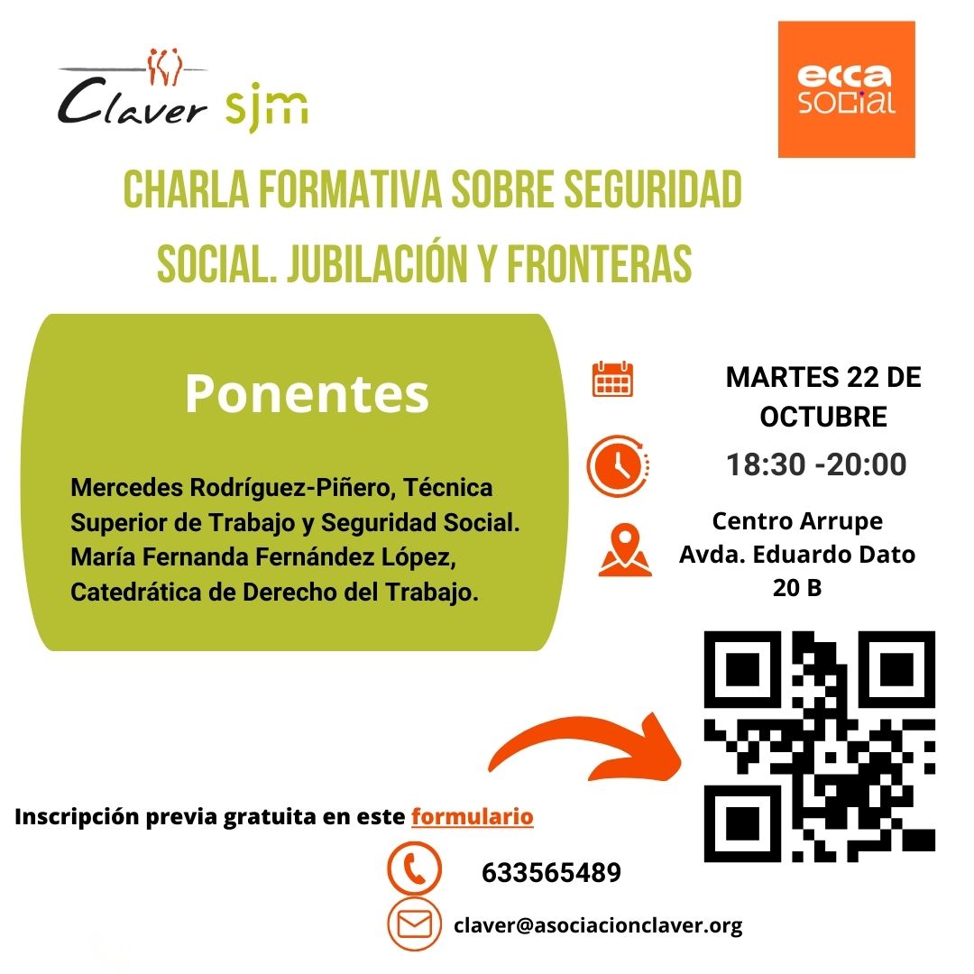 📢"Seguridad Social, Jubilación y Fronteras" Una charla formativa muy interesante sobre cómo platear la jubilación habiendo trabajado también en nuestros países de origen. 
📅✍️t.ly/xQYRK ¡APÚNTATE!