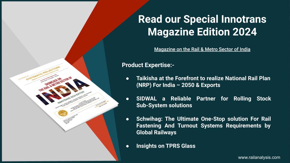 RailAnalysis's tweet image. Discover the Special InnoTrans Magazine Edition 2024 | India’s Rail &amp;amp; Metro Sector Unveiled!

👉 Click here to read the InnoTrans Special Magazine: railanalysis.in/mag/forms/rail…

#InnoTrans #Opportunities #RailSector #Showcase #Magazine #IndianRailways #RollingStock #RailAnalysis
