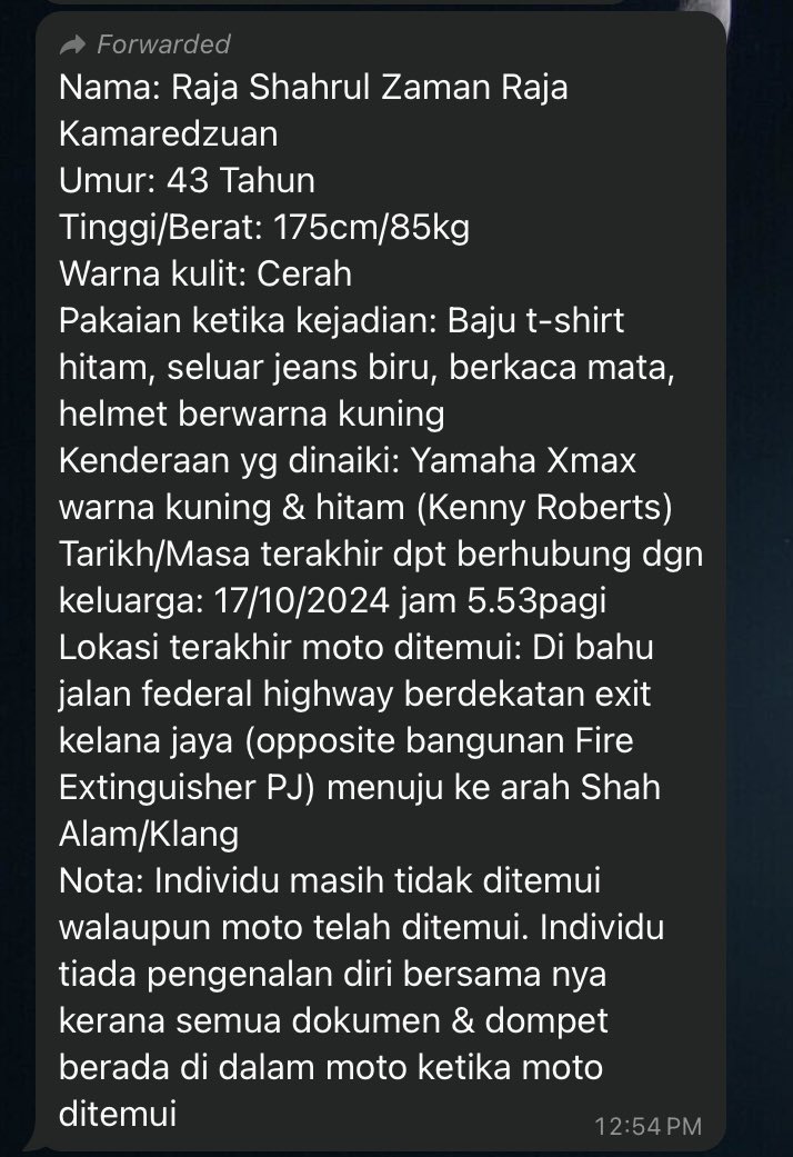 raihani911's tweet photo. Info lanjut report polis telah dibuat malam tadi. Kami masih mencari di sekitar kawasan kejadian and hospital berdekatan. 

Jika ada maklumat/ info terkini tolong hubungi 

Asma 0122833226
Imran 0174673825

Terima kasih

Mohon viralkan 🙏🏻 https://t.co/LvgdcwdfkC