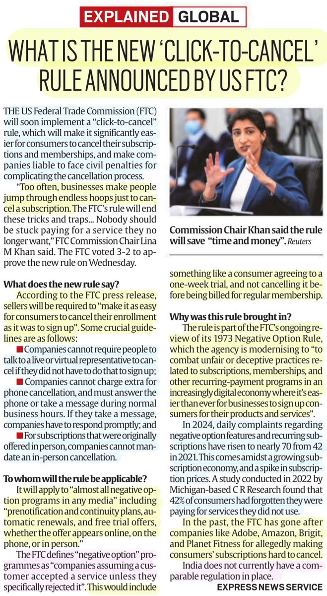 imRavikantYadav's tweet photo. #ClicktoCancel 
-Similar rules needed in #India too!

"What is the new 'Click-to-cancel' rule announced by US FTC?"

Rule makes it easier fr #consumer to cancel #subscription #membership-penalised companies fr complicating cancellation process.

:More details 

#UPSC

Source:IE https://t.co/isXI4dmox6