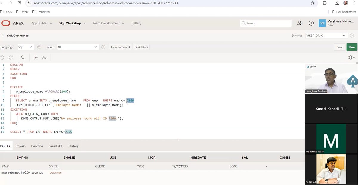 varghese0905's tweet image. Successfully wrapped up another Oracle PL/SQL session! Thanks to everyone who joined. Stay tuned for more insights and learning opportunities! #orclAPEX #Oracle #PLSQL  @oracleace @tkarkuvelraja