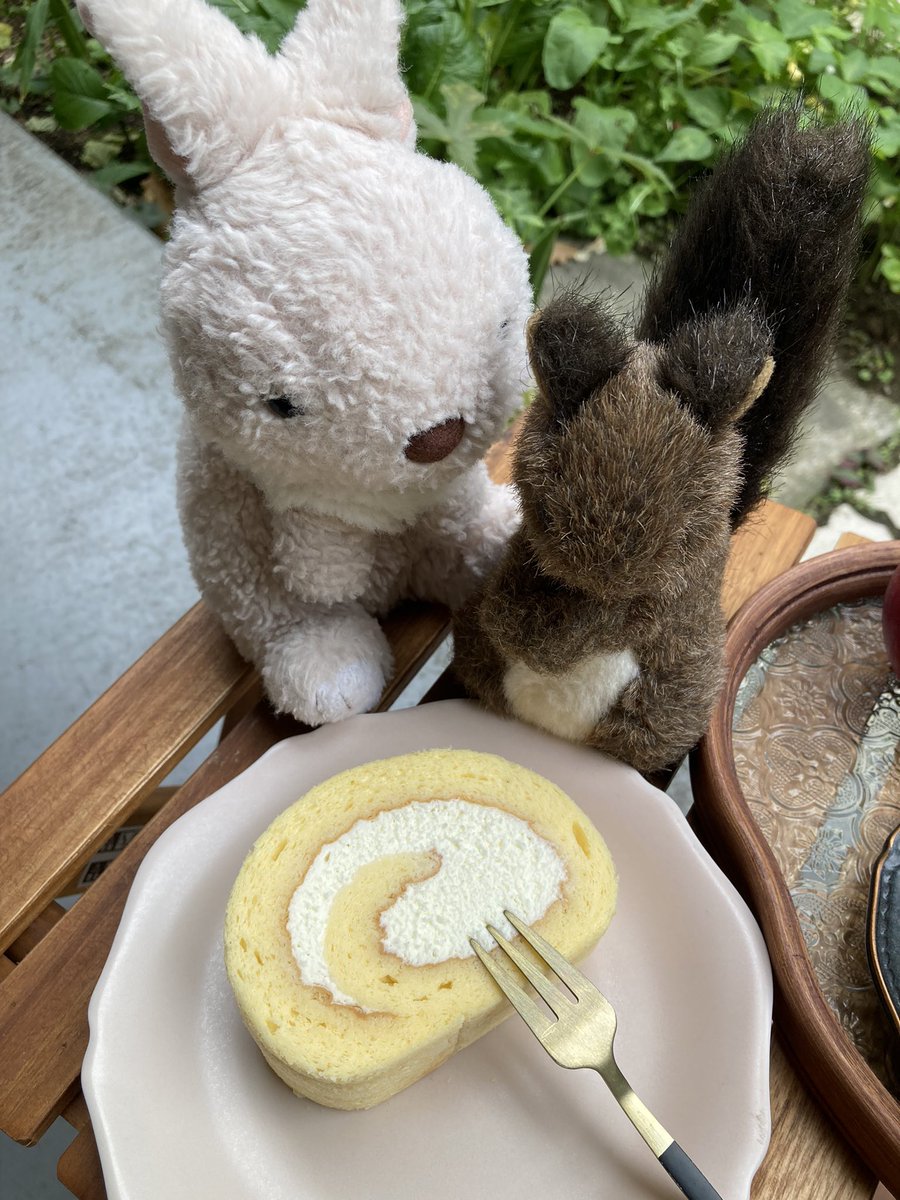 やっぱりロールケーキにすれば良かったかな、とウサギちゃんと相談するリス