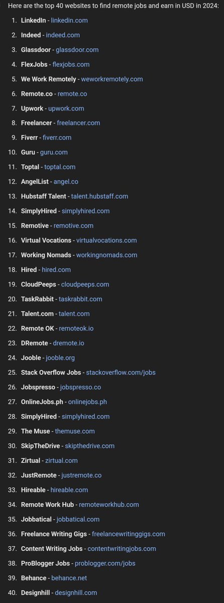 RAVIKUMARSAHU78's tweet image. 40 websites where you can find remote jobs and earn in USD in 2024: