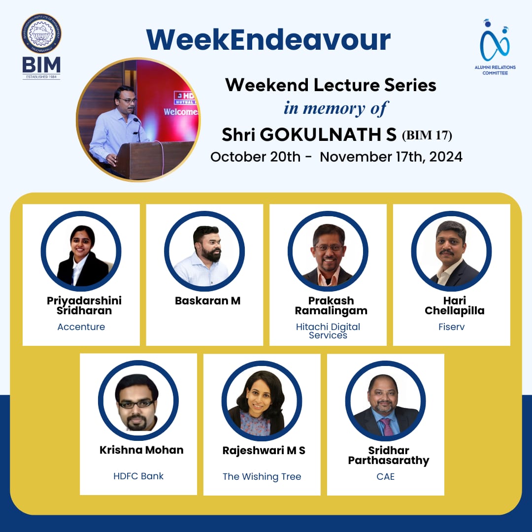 BIMTrichy's tweet image. #BIMTrichy and the #AlumniRelationsCommittee are pleased to announce the weekend online Alumni Lecture Series – WeekEndeavour 2024, from 20th October to 17th November. 
(1/6)