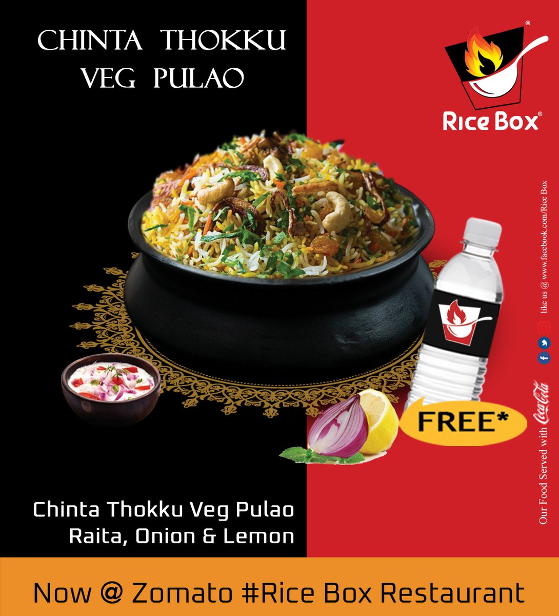 RICEBOX_RESTRO's tweet photo. Have this Delicious Chinta Thokku Veg Pulao.
We are available for online orders Exclusive on ZOMATO
https://t.co/r4tuyf2jLV
#Starters #FriedRice #Pulao #PaneerStarters #Mushroom #Paneer #Egg
#Chicken #Fish #FishFriedRice #FishPulao #PrawnStarters #PrawnFriedRice #PrawnPulao https://t.co/e4NMLkvuz9