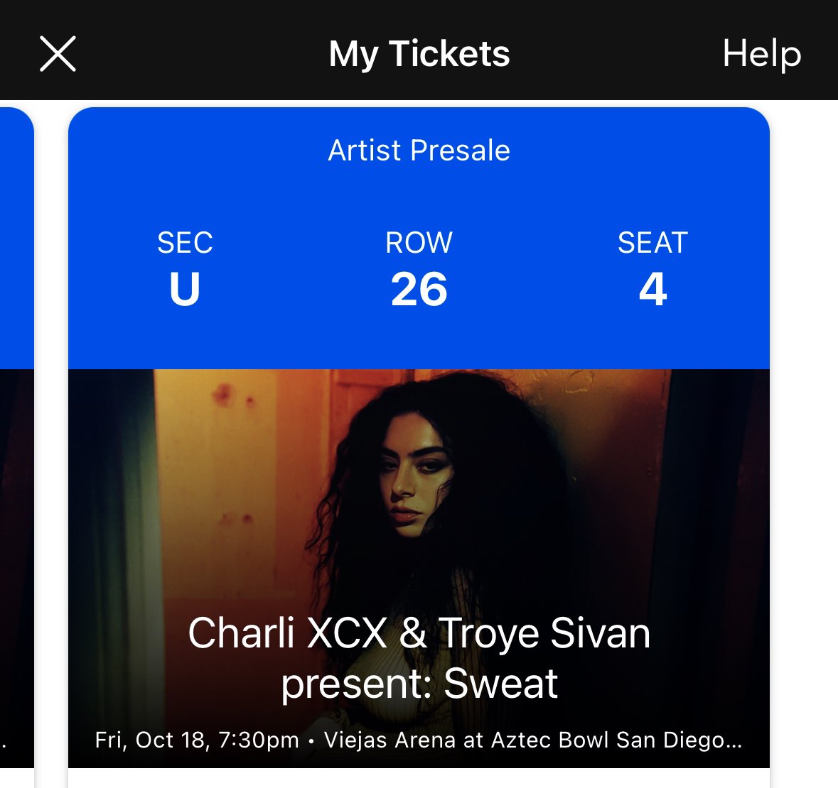 luv2sing62's tweet photo. selling one ticket for charli xcx &amp; troye sivan sweat tour in SD tomorrow night, i ended up getting strep and unfortunately can not go anymore. willing to use paypal goods and services, please message me if interested! #brat #charlixcxtickets #troyesivan https://t.co/l2MYUidzLP