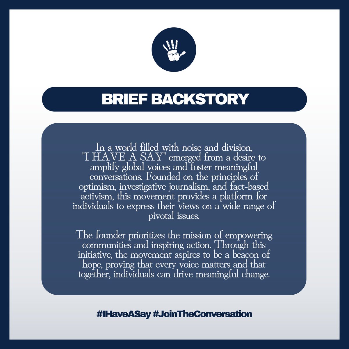 ihaveasaytwt's tweet photo. Our story is just the beginning. We’re on a mission to amplify voices, ignite change, and create a world where truth and transparency lead the way.
Our vision? A future built on integrity, optimism, and bold action.
Join the conversation.
#IHaveASay #JoinTheConversation https://t.co/e5BMuYi8L7