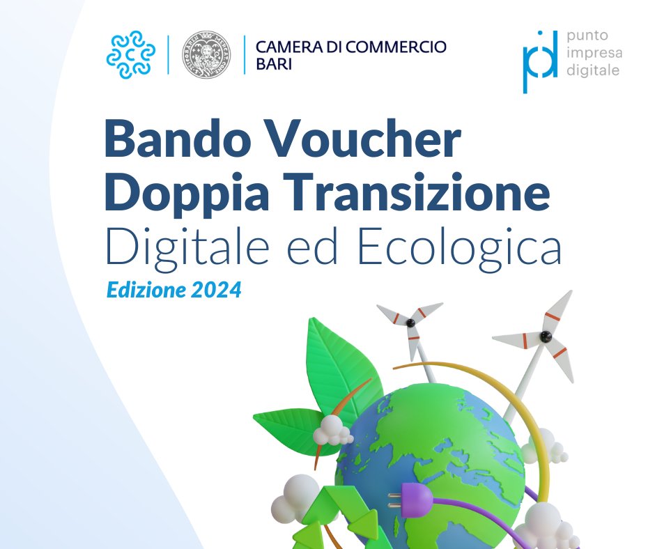 PID_CamCom's tweet image. BARI - Bando Voucher Doppia Transizione “Digitale ed Ecologica” 2024
Contributi a fondo perduto per iniziative di #digitalizzazione anche finalizzate ad approcci green oriented, e percorsi di #transizioneecologica
Domande dal 28 ottobre al 28 novembre 2024
ba.camcom.it/info/bando-vou…