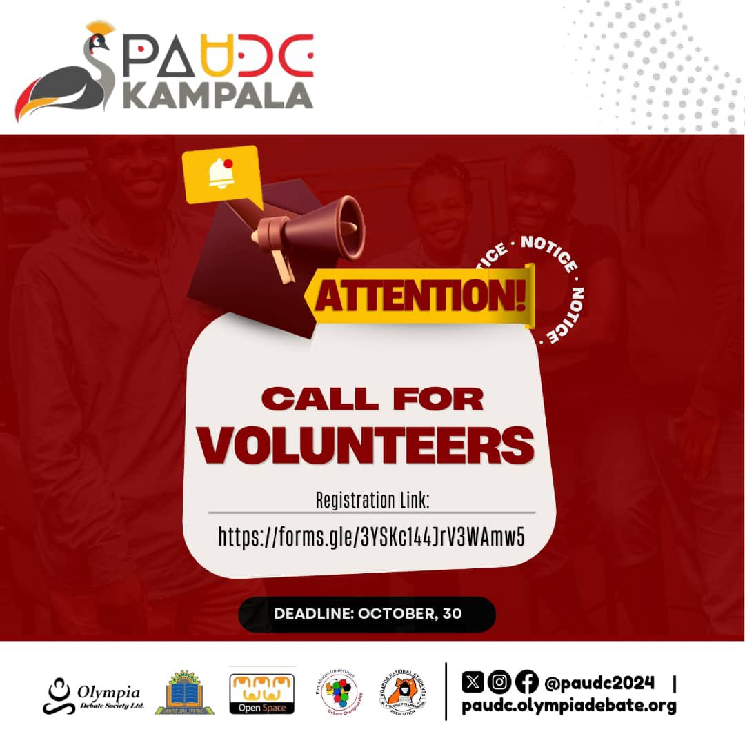 OlympiaDebate's tweet photo. 🌟 *Join the Team Behind Africa’s Biggest Debate Championship! 🌟*

Do you want to be part of the unforgettable *Pearl Experience* that brings together top debaters from across Africa? 🌍

The *Pan African Universities Debate Championship (PAUDC) 2024* is looking for  dedicated and enthusiastic volunteers to help make this year’s tournament a success! Whether you're skilled in event logistics, social media, hospitality, or just eager to lend a helping hand, *we need YOU!*

📅 *Event Dates*: 15-22 December 2024
📍 *Location*: Kyambogo University, Uganda.

*Don’t miss out on this chance to be part of something BIG!*💥

📩 *How to Apply*:  Click on the link below👇 
https://t.co/6lehqK0N7n 

*Application Deadline*: October 30th, 2024.
*For Inquiries/assistance*: +256707365196